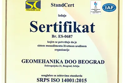 Sertifikat SRPS ISO 14001:2015 za Geomehanika DOO Beograd